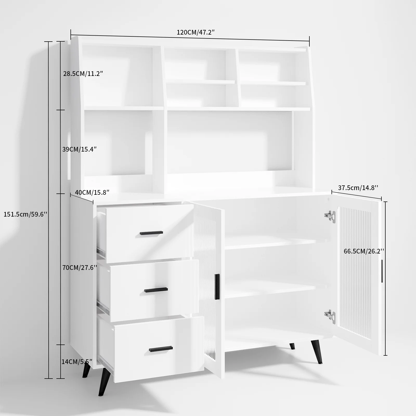 VOWNER Kitchen Hutch Storage Cabinet, Freestanding Kitchen Pantry with Glass Doors and 3 Drawers, Modern Sideboard Buffet Cabine