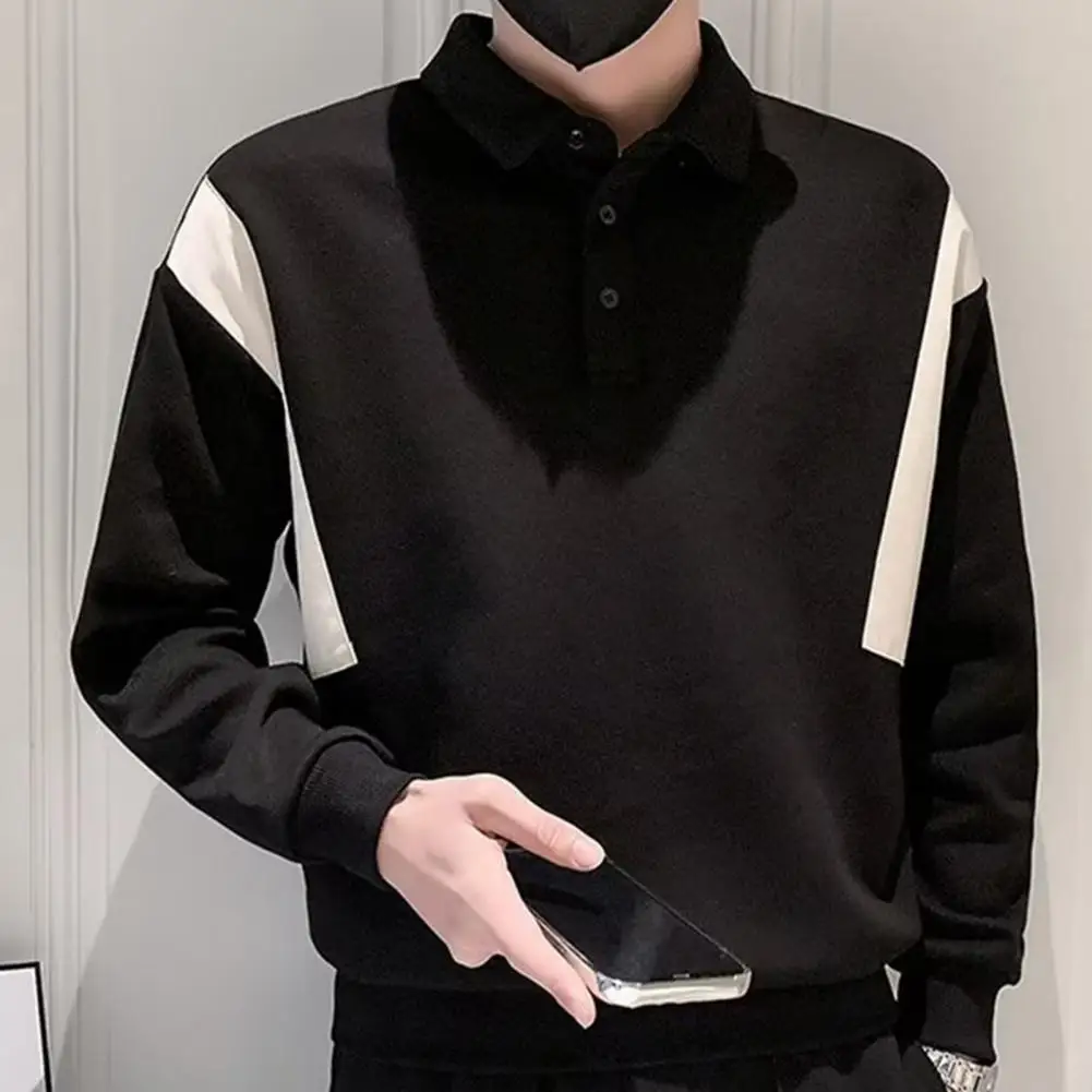 Breathable Men Top Men's Solid Color Button Lapel Long Sleeve Sweatshirt Business Style Mid Length Pullover for Fall Spring Men