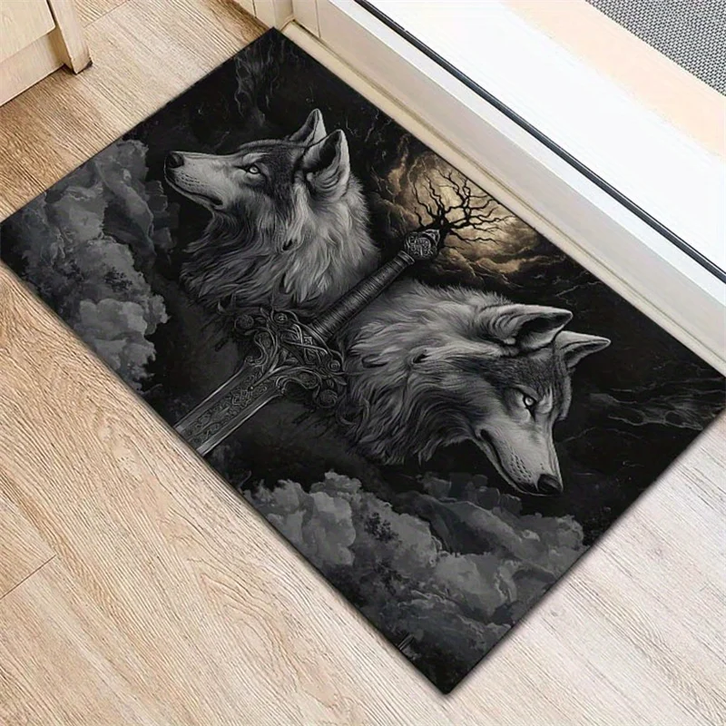 Viking Mythology Tree of Life Rug - Wolf Head Sword Print Non-Slip Washable Mat, Living Room Bedroom Game Room Office Decor Gift