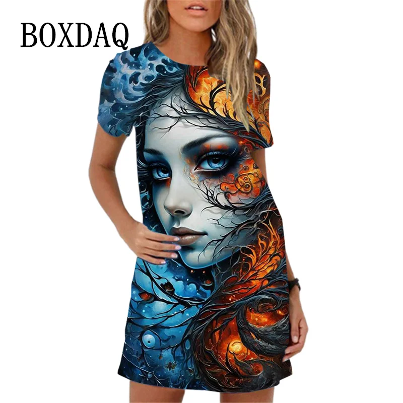 

2024 New Summer Women Dress Fashion Art 3D Beautiful Oil Painting Print A-Line Dress Loose Casual Short Sleeve Woman Sundress