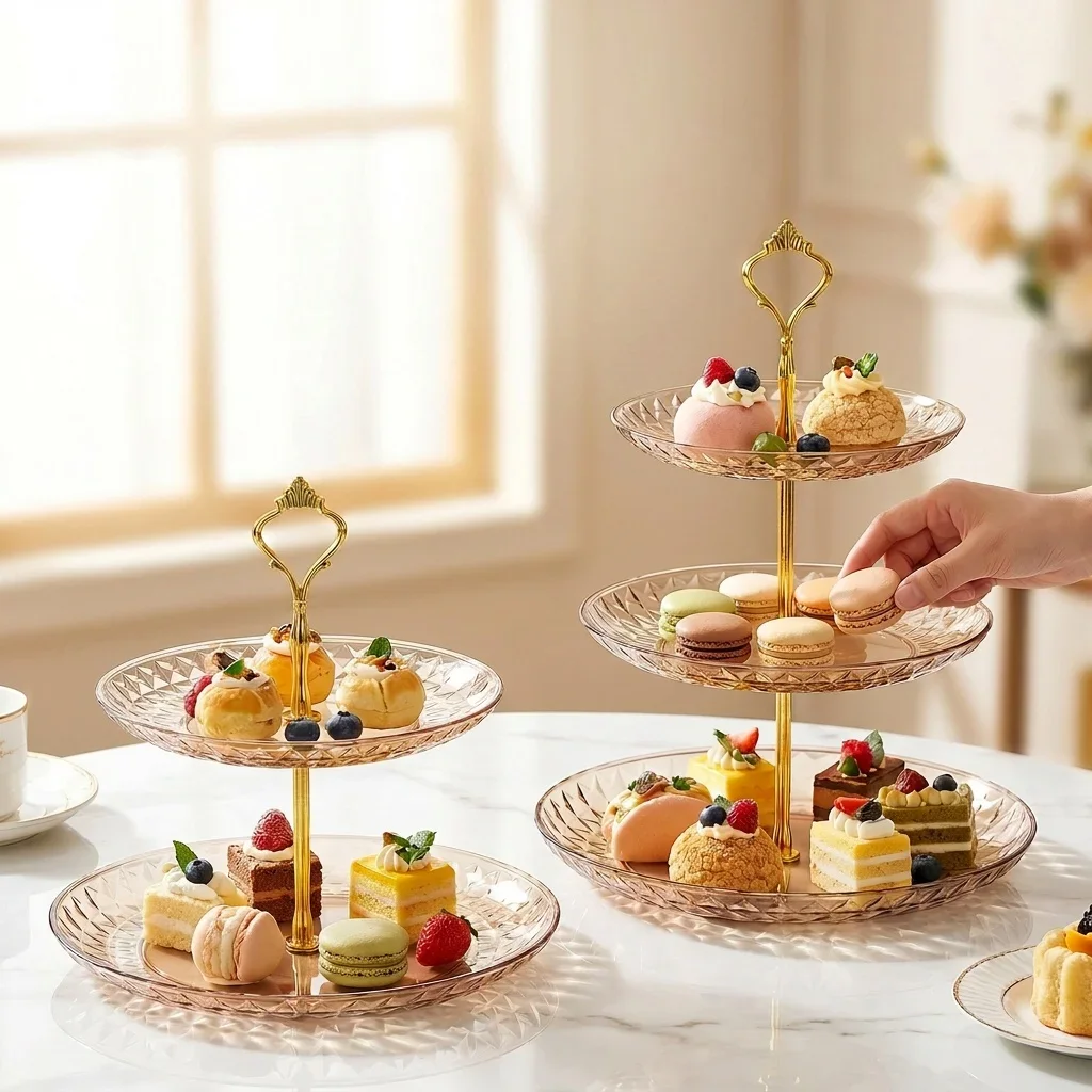 2/3 Tiered Serving Tray Plastic Fruit Bowl Cake Stand Serving Plates Tableware Snack Dish With Handle Dessert Platter For Party