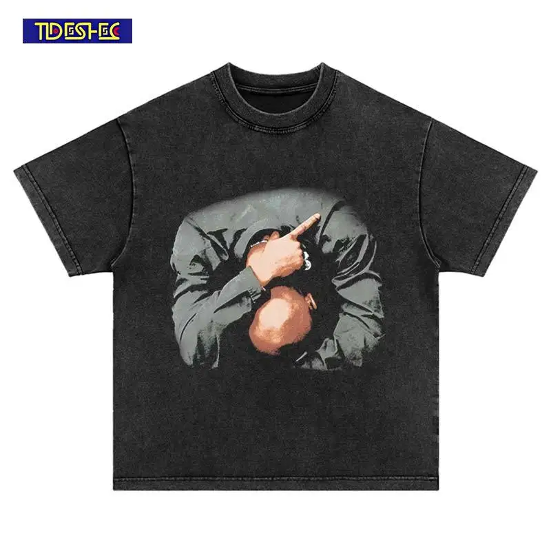 Summer Hip Hop Bald Head Portrait Print T-Shirt Harajuku Streetwear Washed Vintage Fashion Trend Cotton Tshirt Oversized Tops