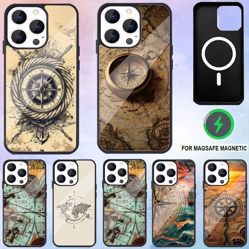 

Art Navigation Compass Phone Case For iPhone17,16,15,14,13,12,11 Plus,Pro Max Magnetic Magsafe Wireless Charging