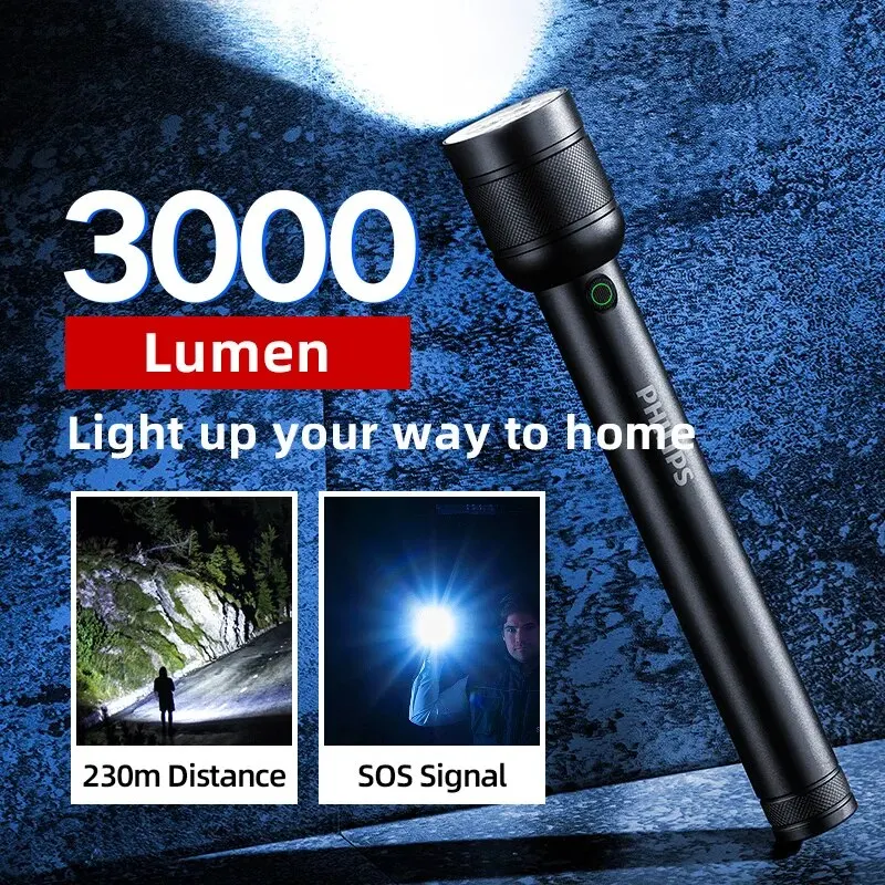 Philips Heldere Zaklamp 3000 Lumen Oplaadbare Zaklampen met 6000 mAh Batterij IP55 Waterdichte Camping Licht voor Buiten