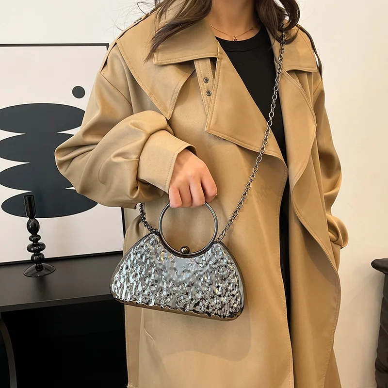 Round Handle Golden Evening Clutch Bags For Women Metal Texture Luxury Designer Purses And Handbags Wedding Party Crossbody Bag