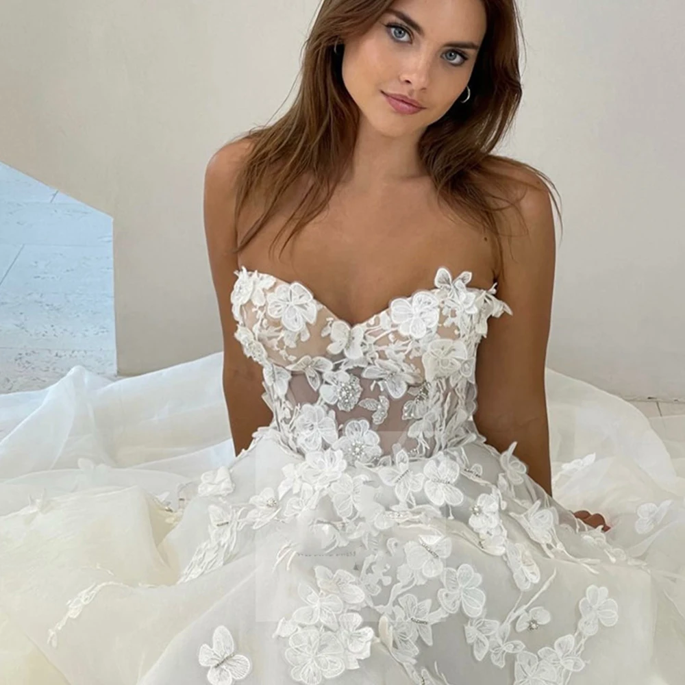 Vestido De novia con flores De encaje 3D, traje De novia De línea A, cuello De corazón, apliques personalizados para medir, impresionante