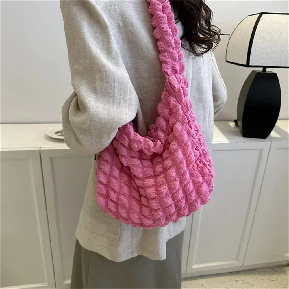 Plaid Quilted Shoulder Bag Cute Pleated Bubbles Large Capacity Underarm Bag Embroidered Solid Color Crossbody Bag Women