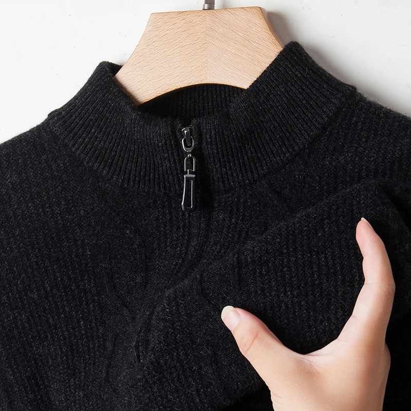 Twisted 100% ขนสัตว์ถักเสื้อสวมหัวผู้ชายอบอุ่นหนาฤดูใบไม้ร่วงและฤดูหนาวเสื้อกันหนาวครึ่งสูงซิปยืนปกสบายๆ