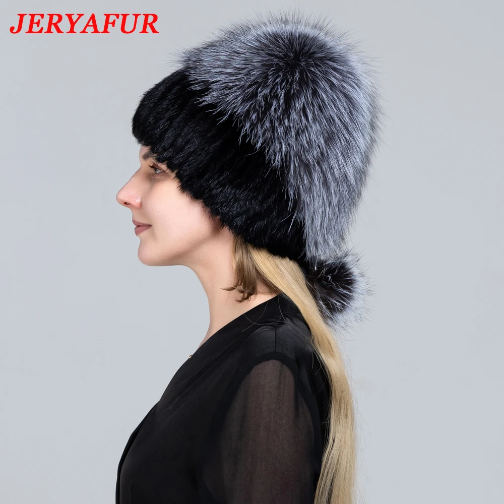 

JERYAFUR Women's Winter Fur Hat Natural Fur Knitted Mink Fox Pom Pom Fur Hats with Balls Stylish Warm Fashion Girls Beanies Hat