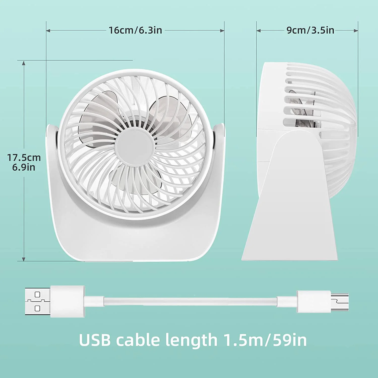 Мини-вентилятор, тихий USB-вентилятор, маленький настольный вентилятор на 360 °, настольный USB-вентилятор с 3 скоростями, настольные вентиляторы для автомобиля, спальни, белый