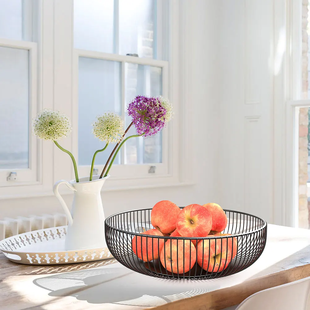 

2pcs Iron Set Modern Black Round Storage Bowl Kitchen Living Room Wire Fruit Bowl Vegetable Storage Basket Metal Wire Fruit