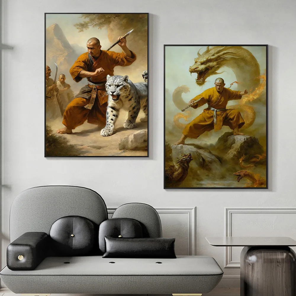 شاولين معبد الراهب المحارب المشارك يطبع لغرفة المعيشة ، ديكور المنزل ، الصينية KongFu البوذية قماش اللوحة ، جدار الفن