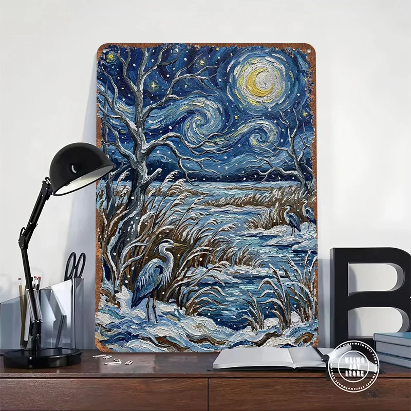 Herons in a Snowy Starry Night Landscape Printed Poster Customized Retro Wall Art Vintage Metal Tin Signs for Decoration Garage