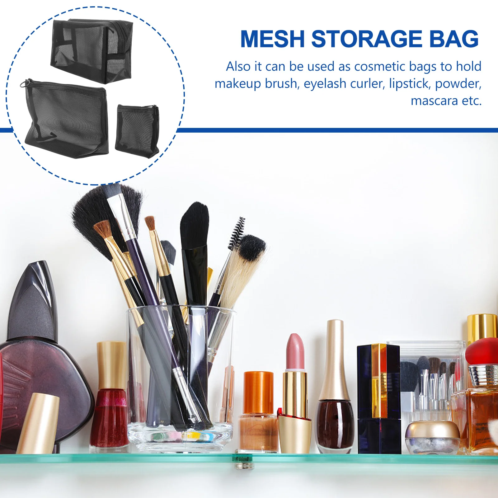 3 قطع من أكياس تخزين السفر الشبكية باللون الأسود المحمولة بسحاب منظم وحقيبة متعددة الأغراض لفرشاة المكياج وحامل كابل