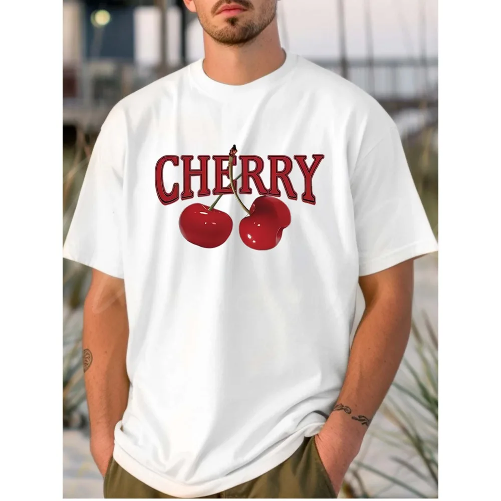 

White Cotton Men's T - shirt: Cherry Graphic with Bold Lettering