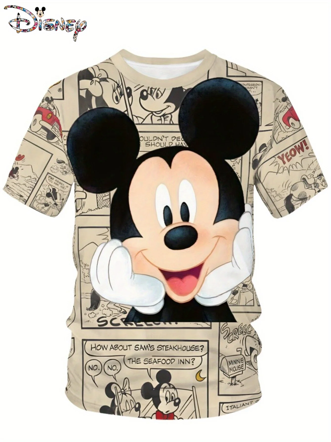 Men's Fashion Mickey Mouse 3D Digital Short Sleeve T-shirt Men's Fun Trendy Round Neck T-shirt Top Clothing