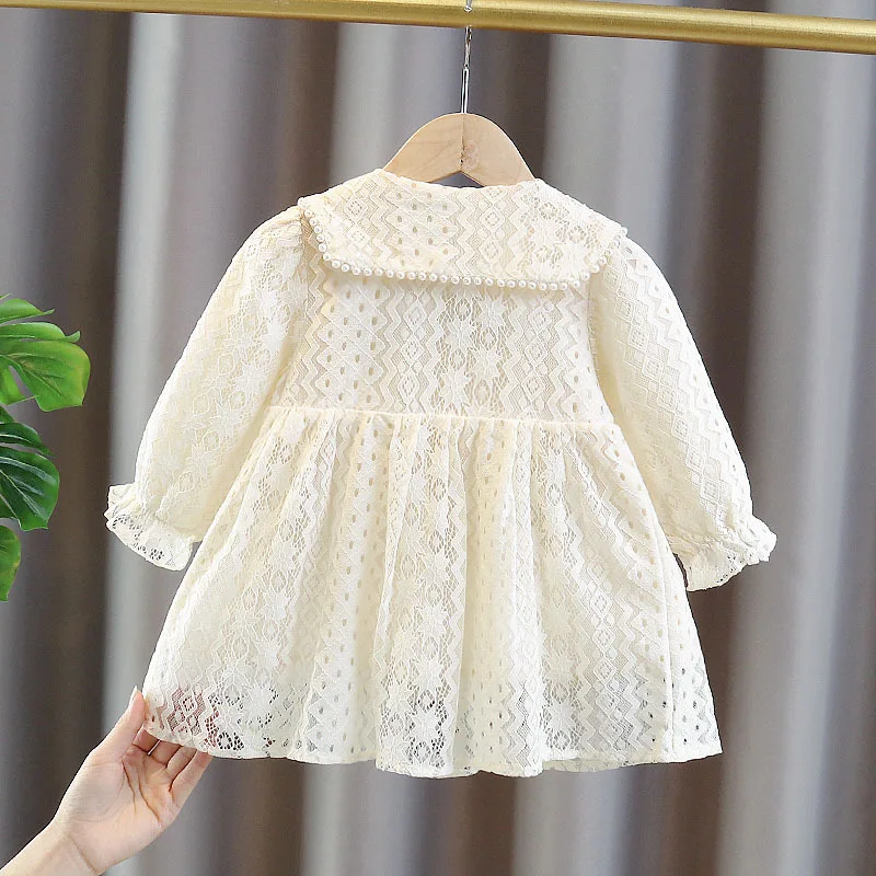 Spring Autumn Baby Girls Sweet Bow Princess Dress Children Kids Infants Lace Long Sleeve Dresses Baby Girls Cloths