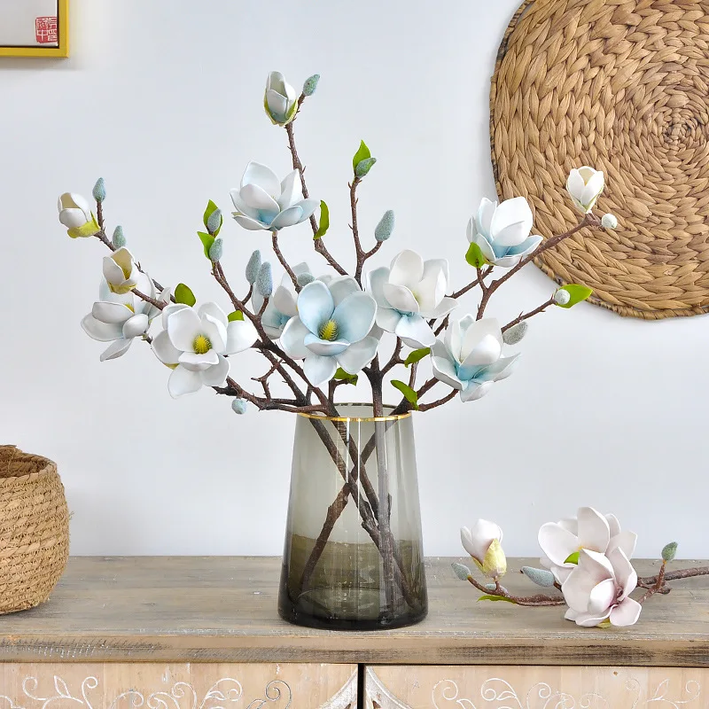 51CM Artificial 3-head Magnolia EVA Cotton Fake Flower New Chinese Style Tea Room Living Room High-end Decoration