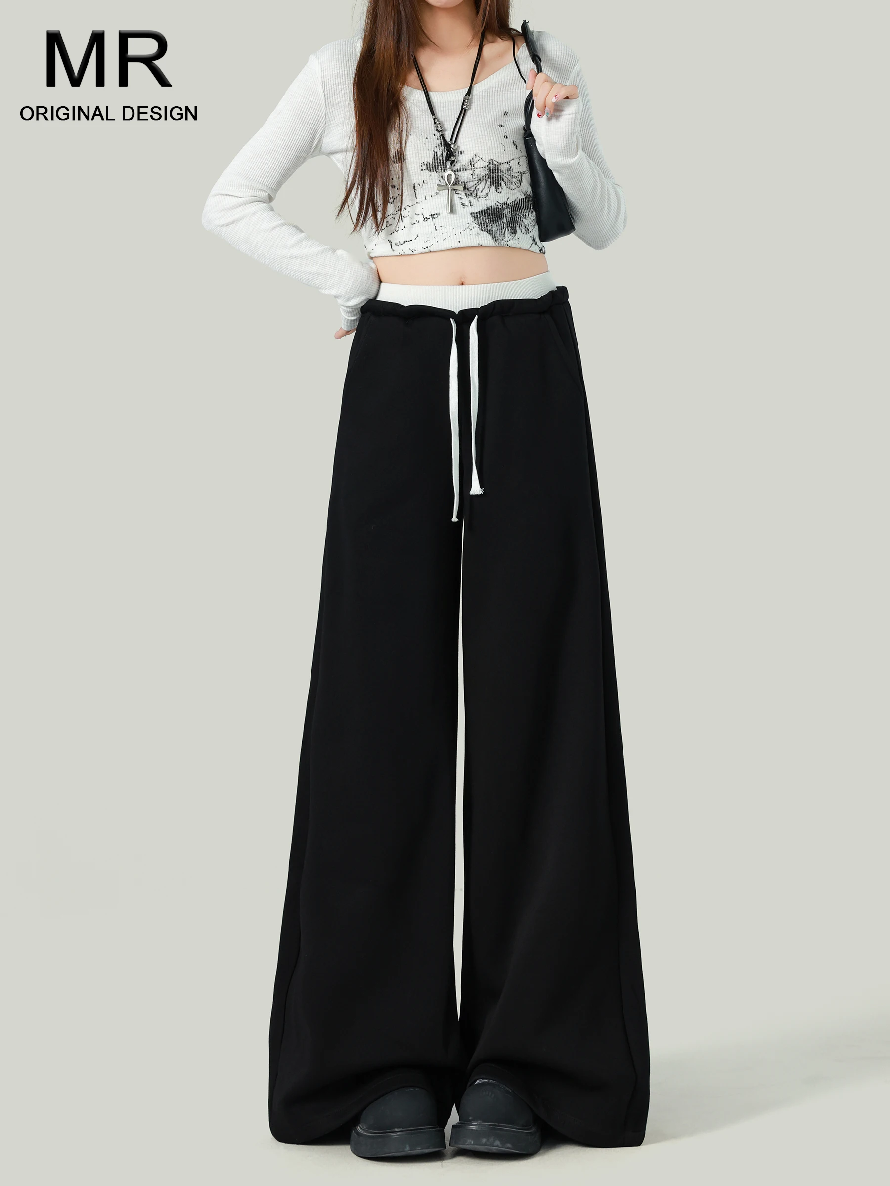 

Женские повседневные брюки с высокой талией и широкими штанинами на шнурке, новинка ранней осени 2026, с цветовыми блоками, эластичным поясом и прямым кроем