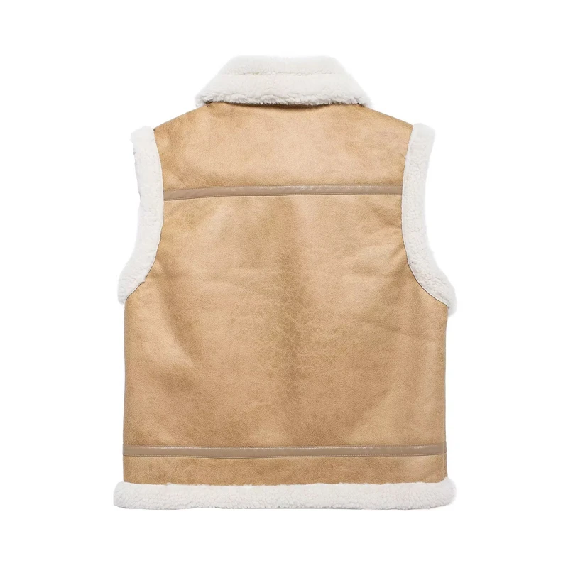 Gilet in ecopelle con colletto in shearling per donna uomo, giacca senza maniche foderata in caldo pile, capispalla vintage con cerniera per l'autunno invernale