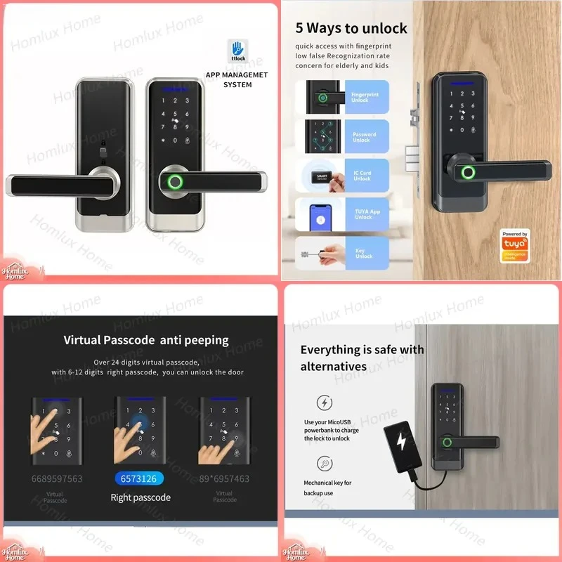 Smart Door Lock with Fingerprint Password Keypad WiFi Bluetooth App Control Electronic Lock for Home Office Security Silver