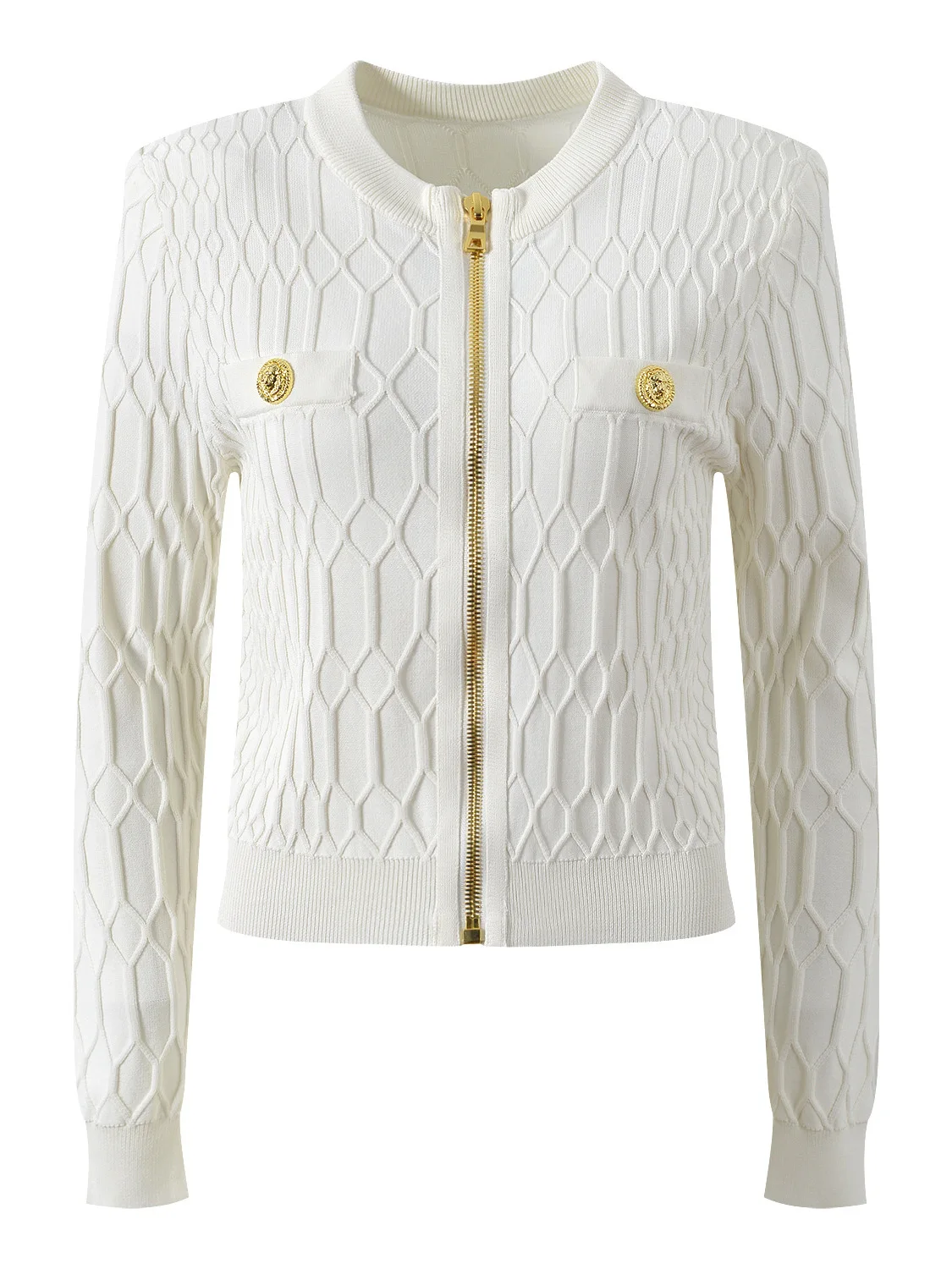 

Fall 2025 Metal Bule Fake ket Diamond Pattern Faionable ort Zipper round Ne Knitted Open Cardigan Women's Outerwear