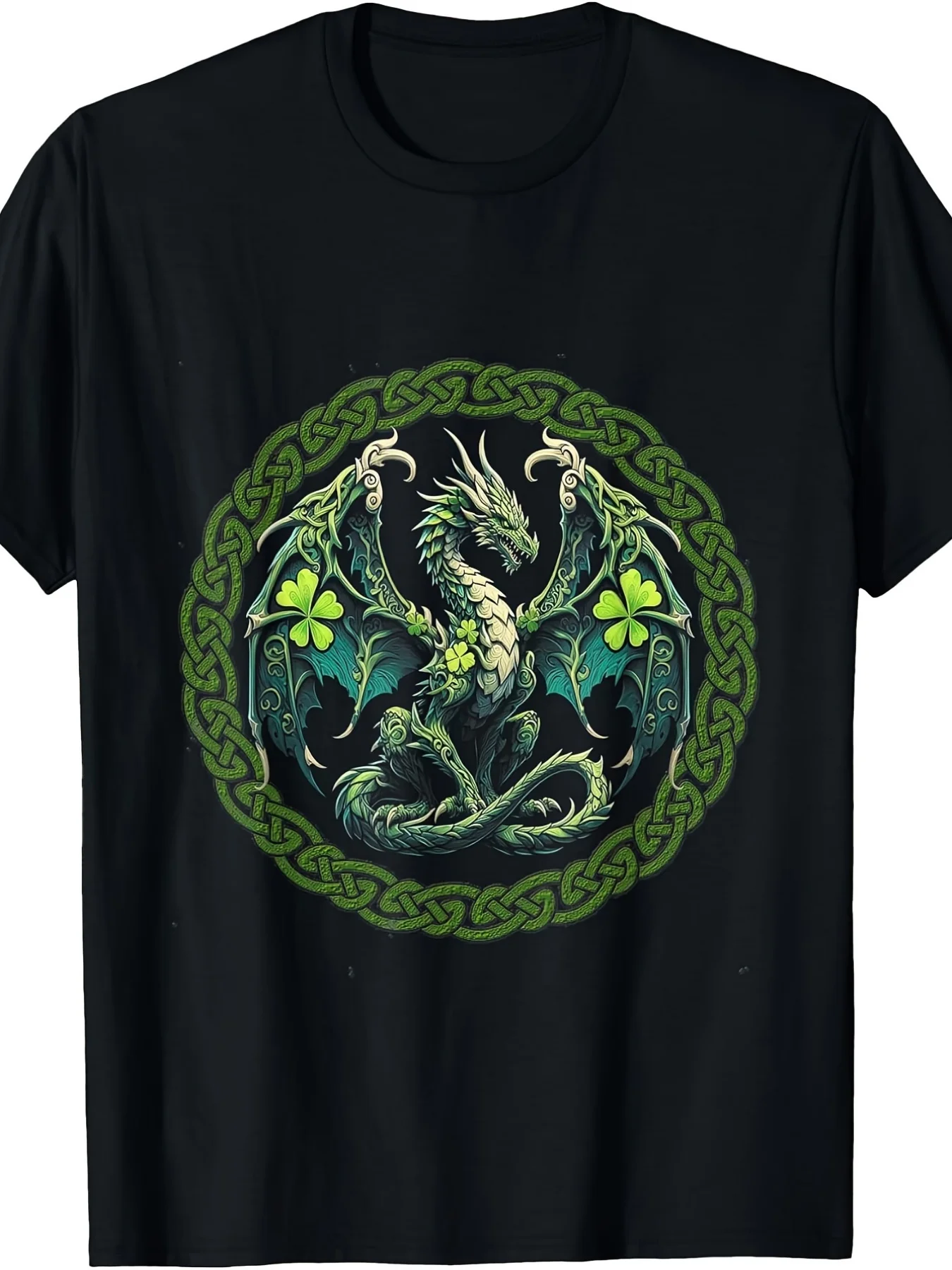 Tribal Irish Green Celtic Knot Fantasy Dragon Patrick Day TShirt Vintage Style Crew Neck Slight Stretch Fabric Regular Fit