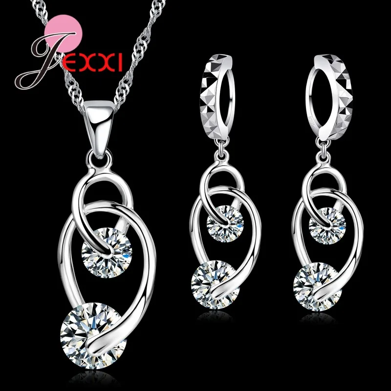 Promotion Sale 925 Sterling Silver Needle Crystal Zircon Pendant Necklace Earrings Bridal Jewelry Sets For Women Fashion Jewelry