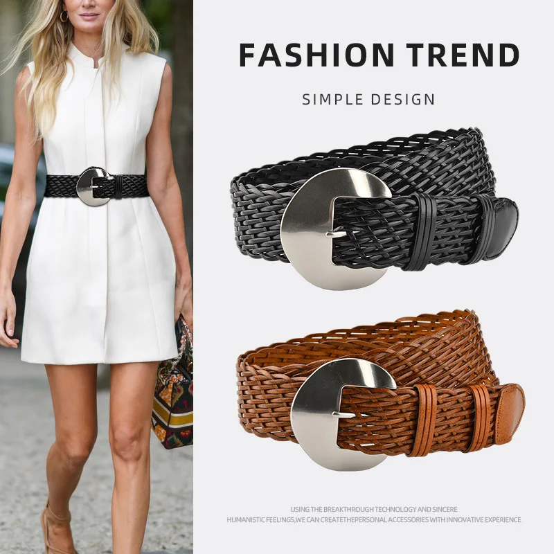 

Retro Silver Buckle Braided Belt for Women Bohemian Decorated Dress Belt Reconstituted Leather Fashionable Waistband for Ladies