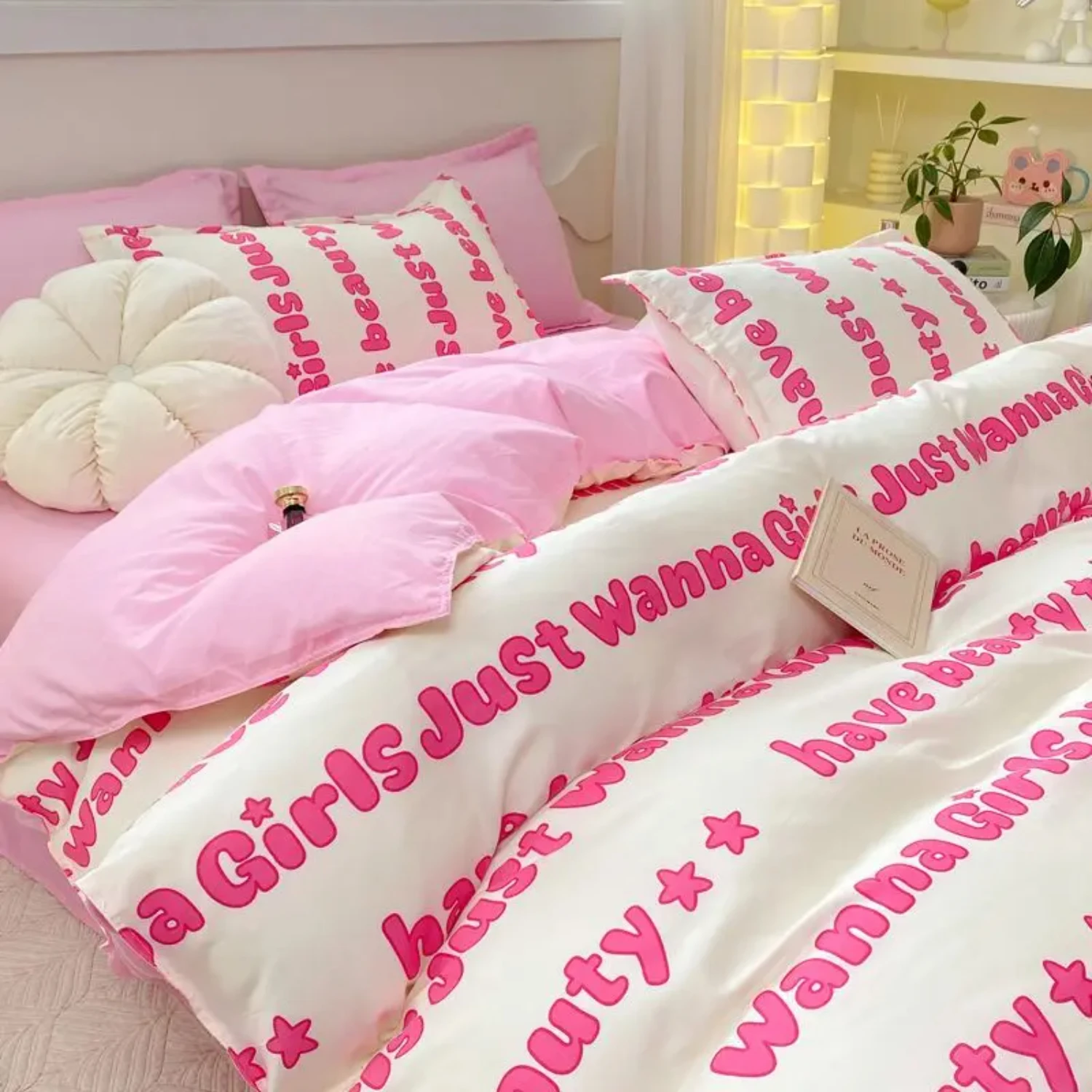 Korean Style Pink Letter Bedding Set Flat Bed Sheet Pillowcase Twin Full Queen Size Bed Linen Women Girls Duvet Cover  Filling