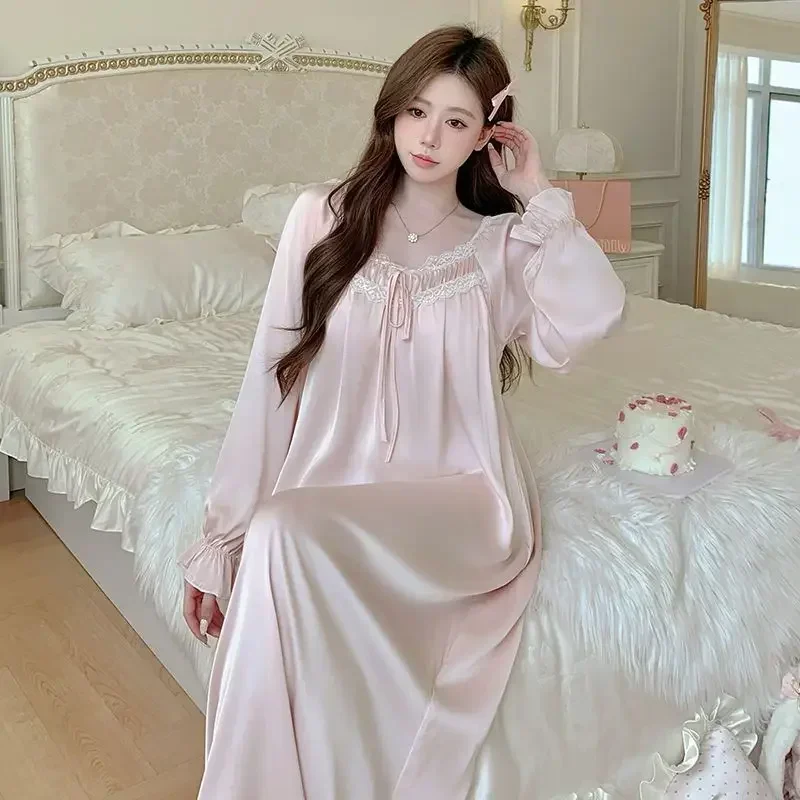 2026 Autumn Long Sleeve Sexy Lace Ice Silk Satin Nightgowns for Women Korean Cute Sleepwear Night Dress Nightdress Home Nighty