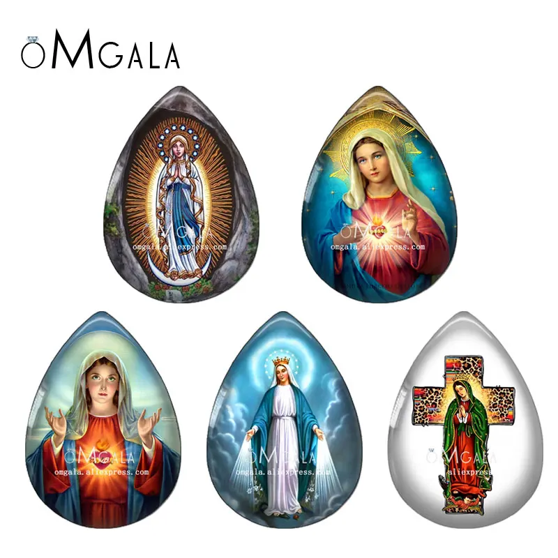 5 Pairs Our Lady Virgin Mary Art Paintings 13x18/18x25mm Photo Glass Cabochon Flat Back For DIY Jewelry Making Findings