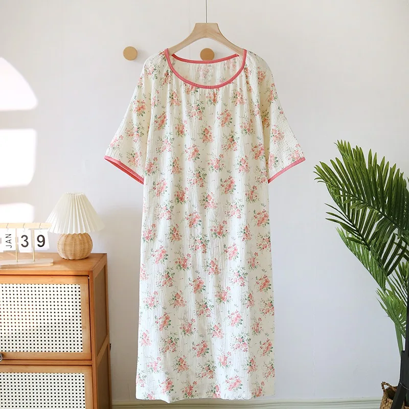 2024 Summer New Women Pajamas 100% Cotton Women Nightdress Round Neck Dress For Women NightWear Home Sleepdress Round Neck