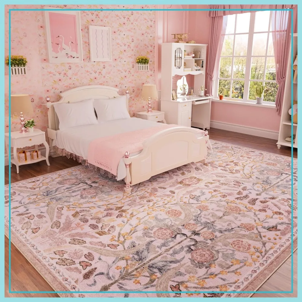 

8x10 Washable Area Rug for Living Room, Non-Slip Floral Print Carpet for Bedroom Dining Room Home Office, Pink