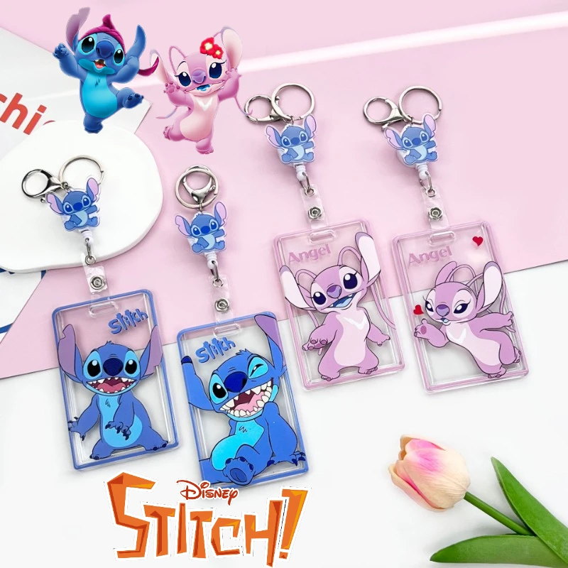 Porta carte Disney Stitch con portachiavi Fodera per studenti Custodia per carte trasparente anti-smarrimento per cartoni animati Ciondolo per maniche per carte Anime per bambini