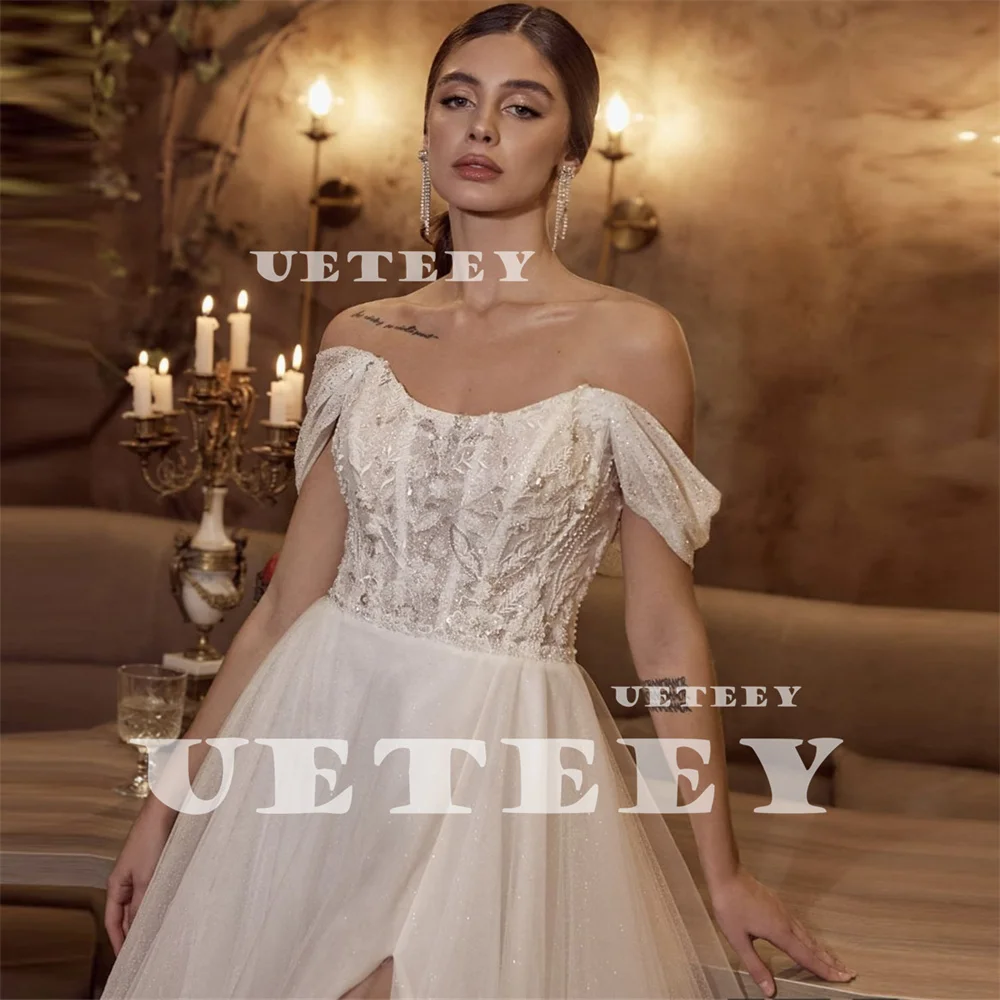 UETEEY Customized Off Shoulder V Neck Appliques Tulle Wedding Dress Women A Line Zipper Back High Slit Train vestidos de novia