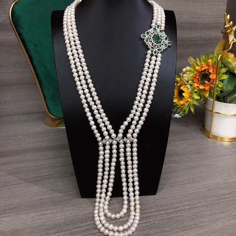 3rows freshwater pearl white near round 6-7mm and green zircon pendant long necklace 80cm