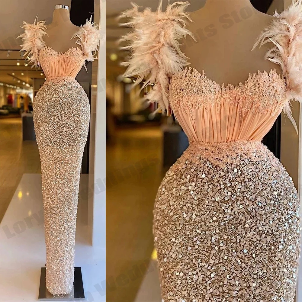 Gorgeous Orange Feather Evening Dresses Prom Gowns for Party Sweetheart Mermaid Beaded Sequins Formal Women's Vestidos De платье