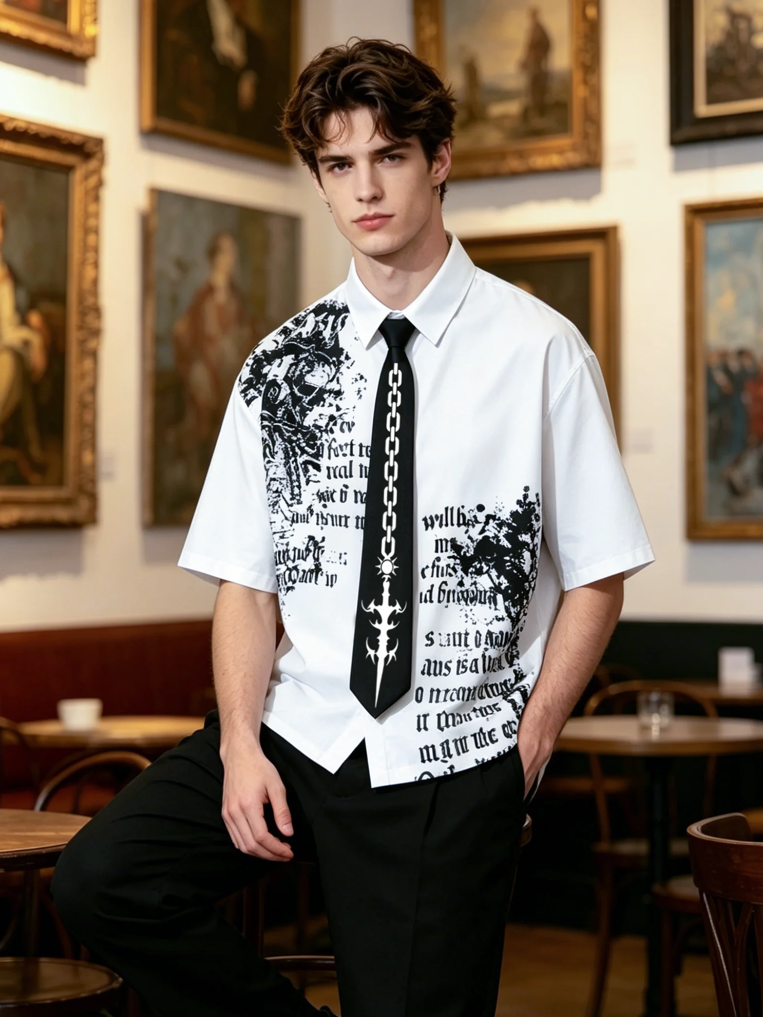 High Street Trendy Men's Retro British Ink Letter Print Collar Short Sleeved Shirt Casual Cardigan Top with Tie Style