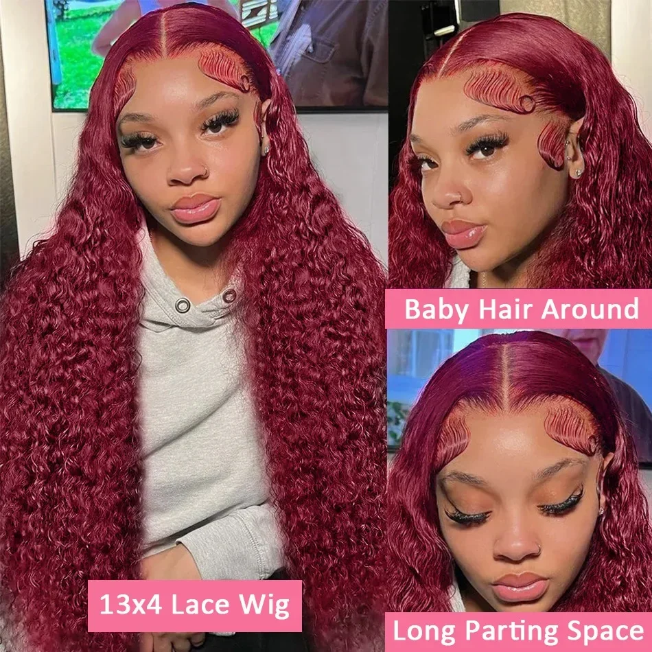 Onda de Água Borgonha Frontal Lace Wig para Mulheres, Perucas Encaracoladas, Renda HD, Cabelo Humano, Vermelho Colorido, Renda Transparente, Onda Profunda, 13x4