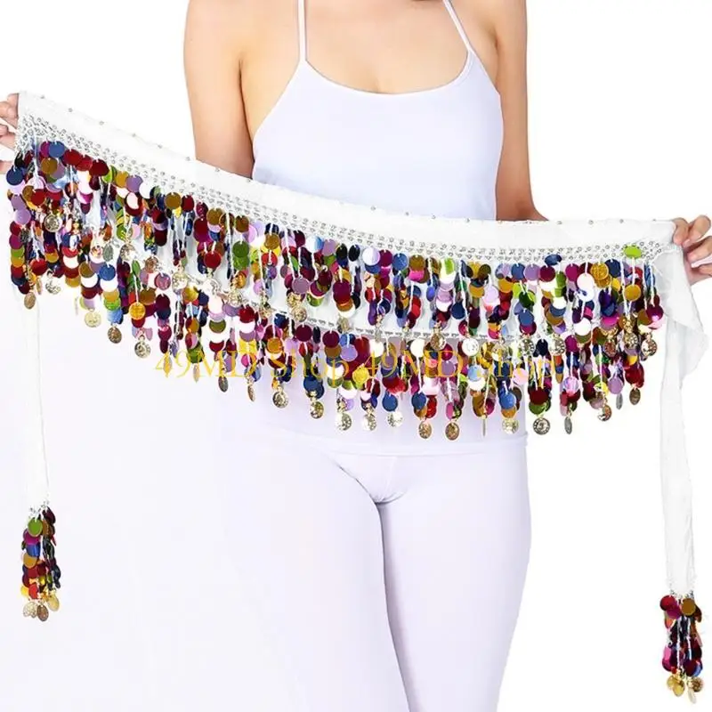 49MD Flickering Belly Dance Practicing Waist Belt Tassels Scarf Wrap Costume Hip Scarf Dance Skirt Wrap Colorful Sequins