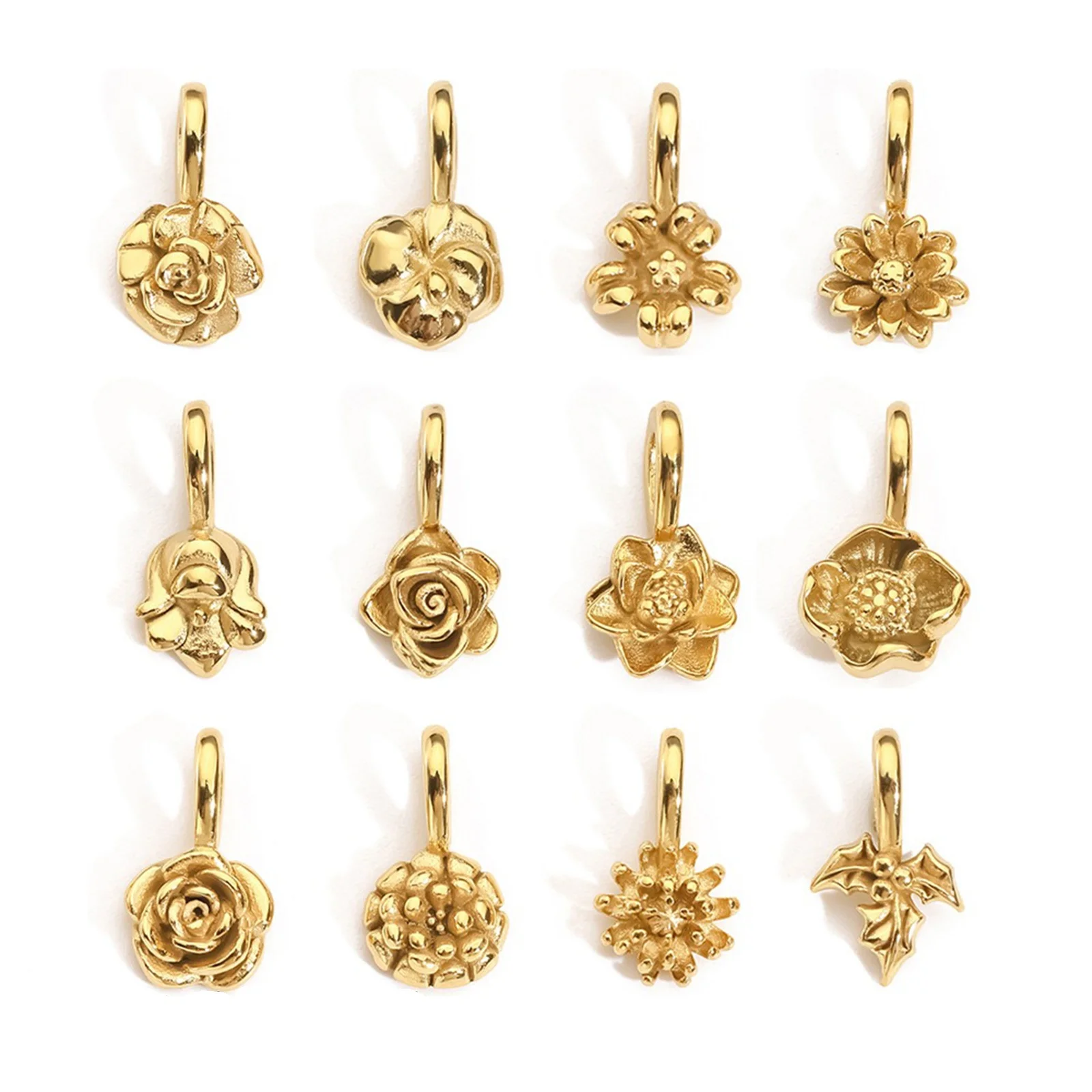 1 Piece 304 Stainless Steel Birth Month Flower Charms Multicolor Violet Cherry Blossom Rose Pendants For DIY Necklace 10mm X 7mm