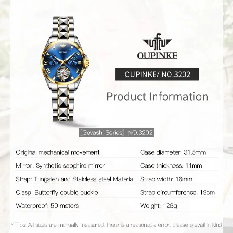 OUPINKE 3202 Women Watch Luxury Hollow Automatic Mechanical Watch Roman Scale Waterproof Moonphase Brand Business Women Watch