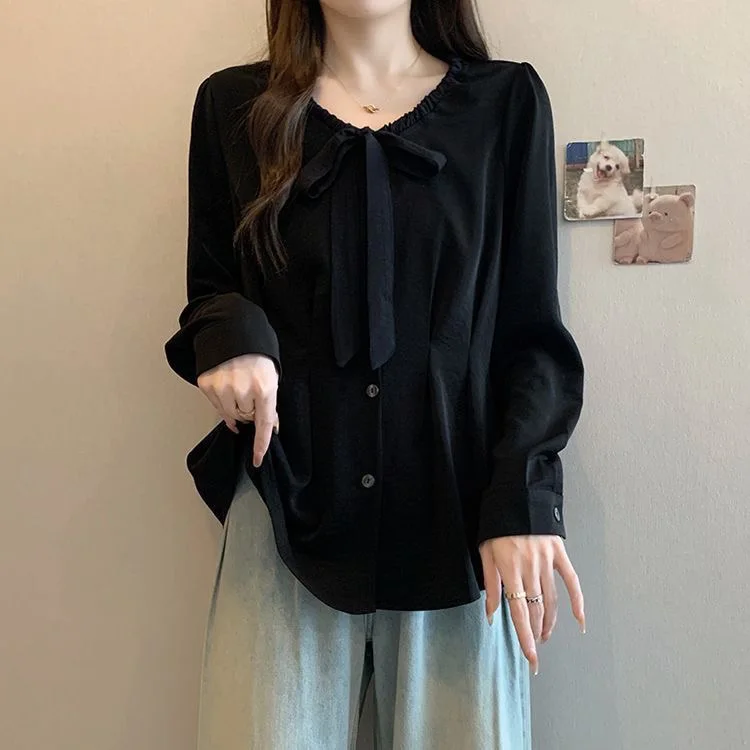 

Long Sleeve Shirts Womens Satin Patchwork Slim Fit Turn Down Collar Korean Romantic Feminine Spring Daily Office Clothing
