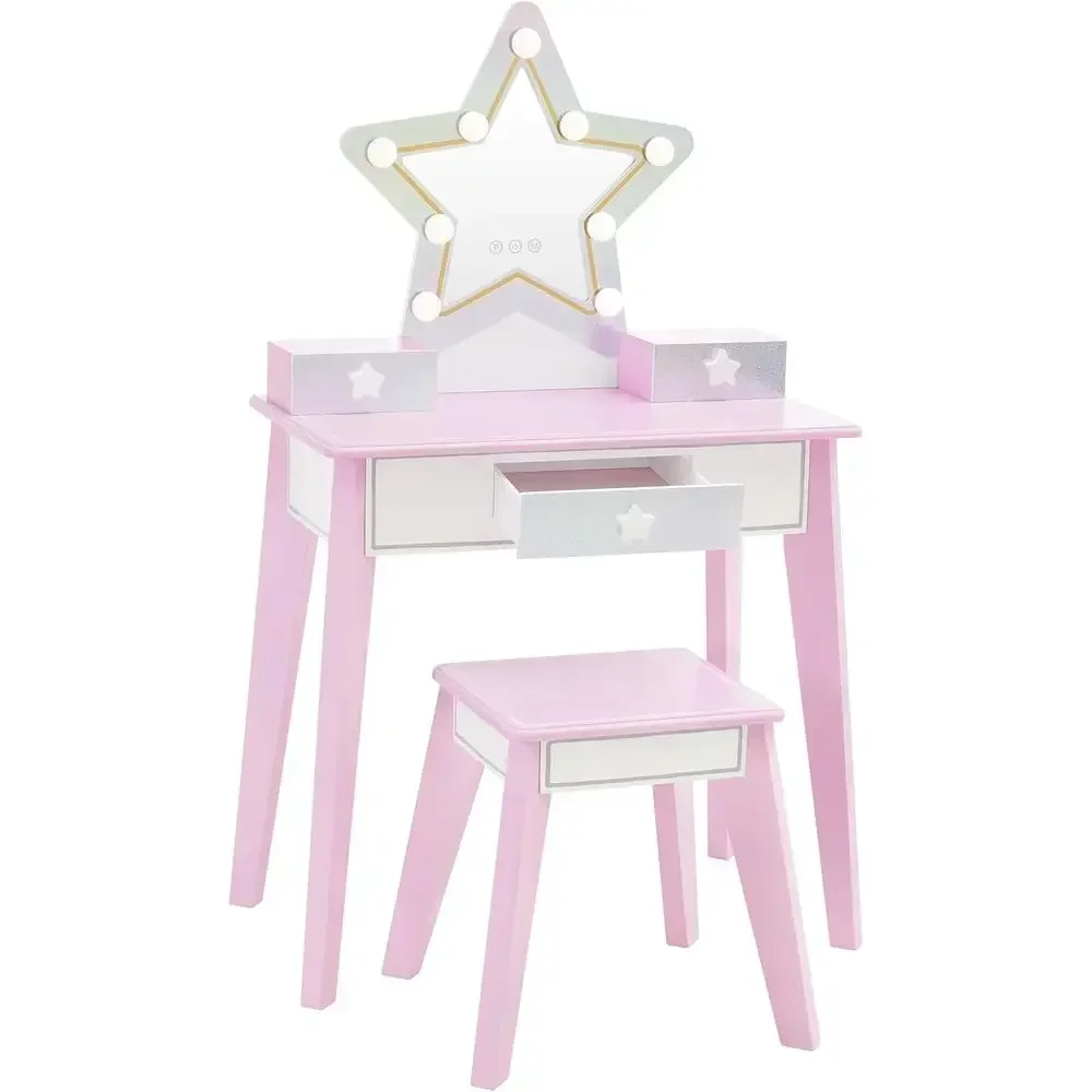 Children's Pink Makeup Table Set with LED Lights, 2-Piece Vanity Desk, Mirror, Storage Drawers, and Stool for Ages 3+
