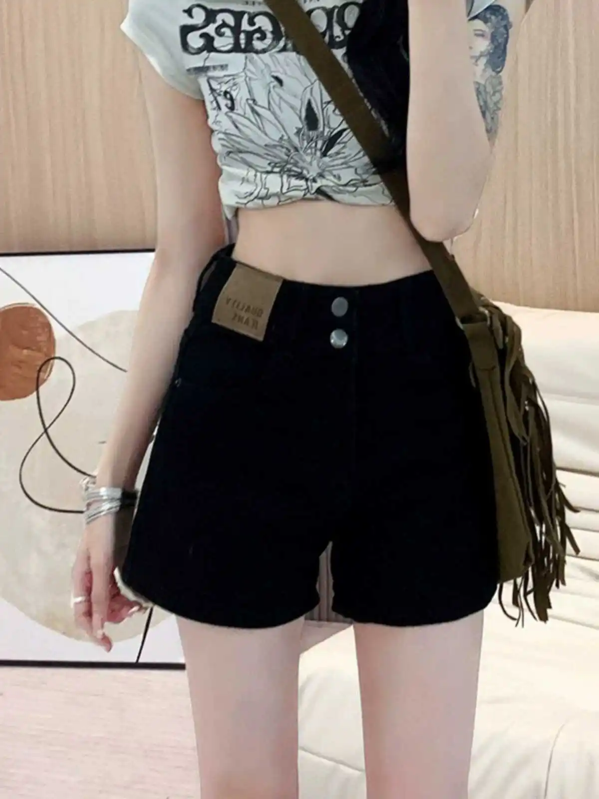 

High Waist Bla Denim orts Women's Thin Design Sensation Tight Slim Elastic A-Line Straight Sexy Arm-Hing Hot Pants