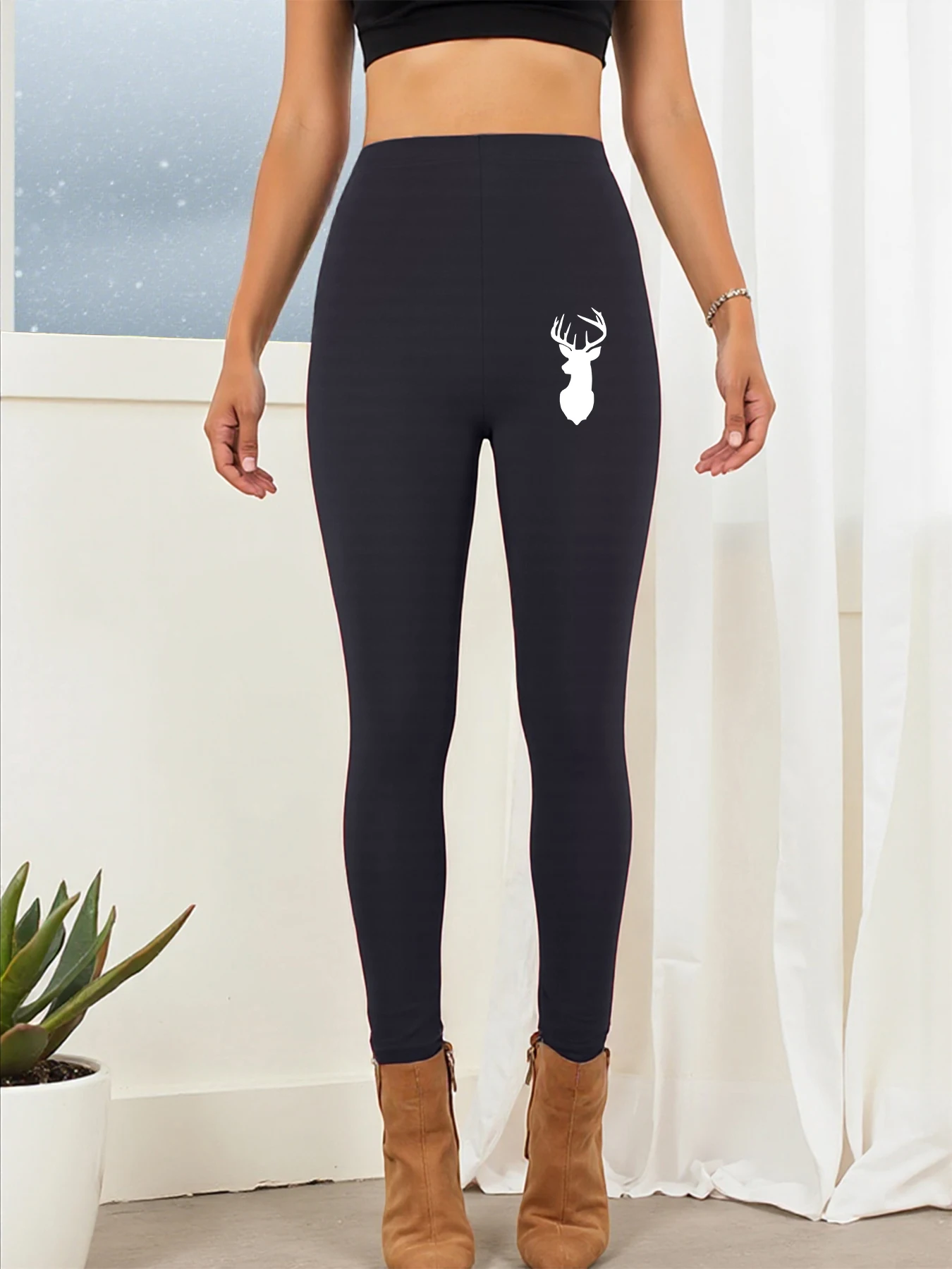 화이트 디어 프린팅 여성용 긴 바지 편안한 고탄력 레깅스 심플 피트니스 스타킹 따뜻한 트렌디 가을 의류