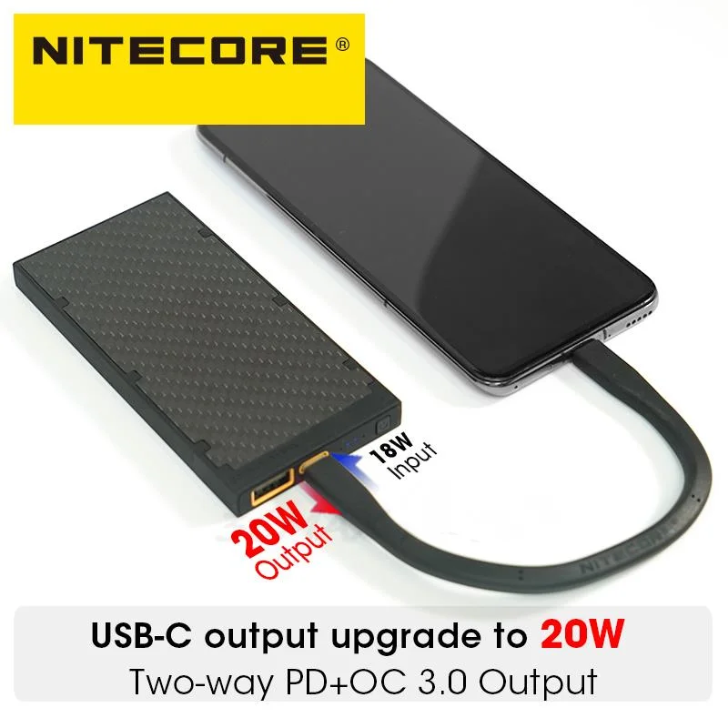 NITECORE NB10000 Mobile Power Bank Powerbank portatile 10000mAh in fibra di carbonio PD/QC3.0 20W ricarica rapida per iPhone Huawei faro