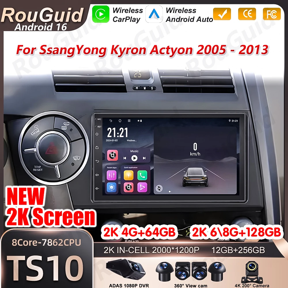 

Android 16 Carplay For SsangYong Kyron Actyon 2005 2006 2007 - 2013 Video 5G Wifi Multimedia Player Car Stereo GPS BT Wireless