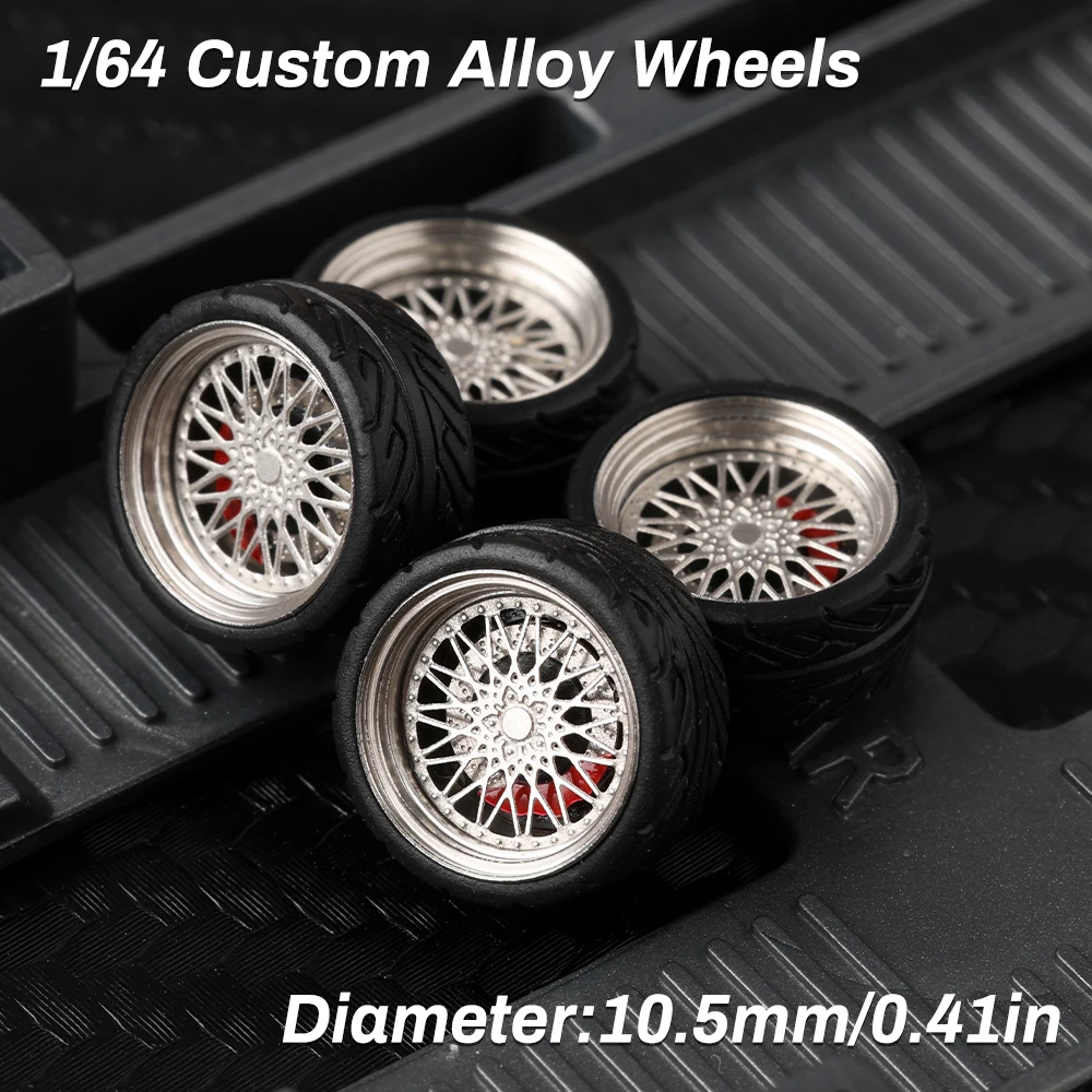 

1/64 Alloy Model Ball Bearing Wheels Rims with Rubber Tires&Brake Discs-4pcs Model Detail-up Sets for Model Tomica Hot Wheels